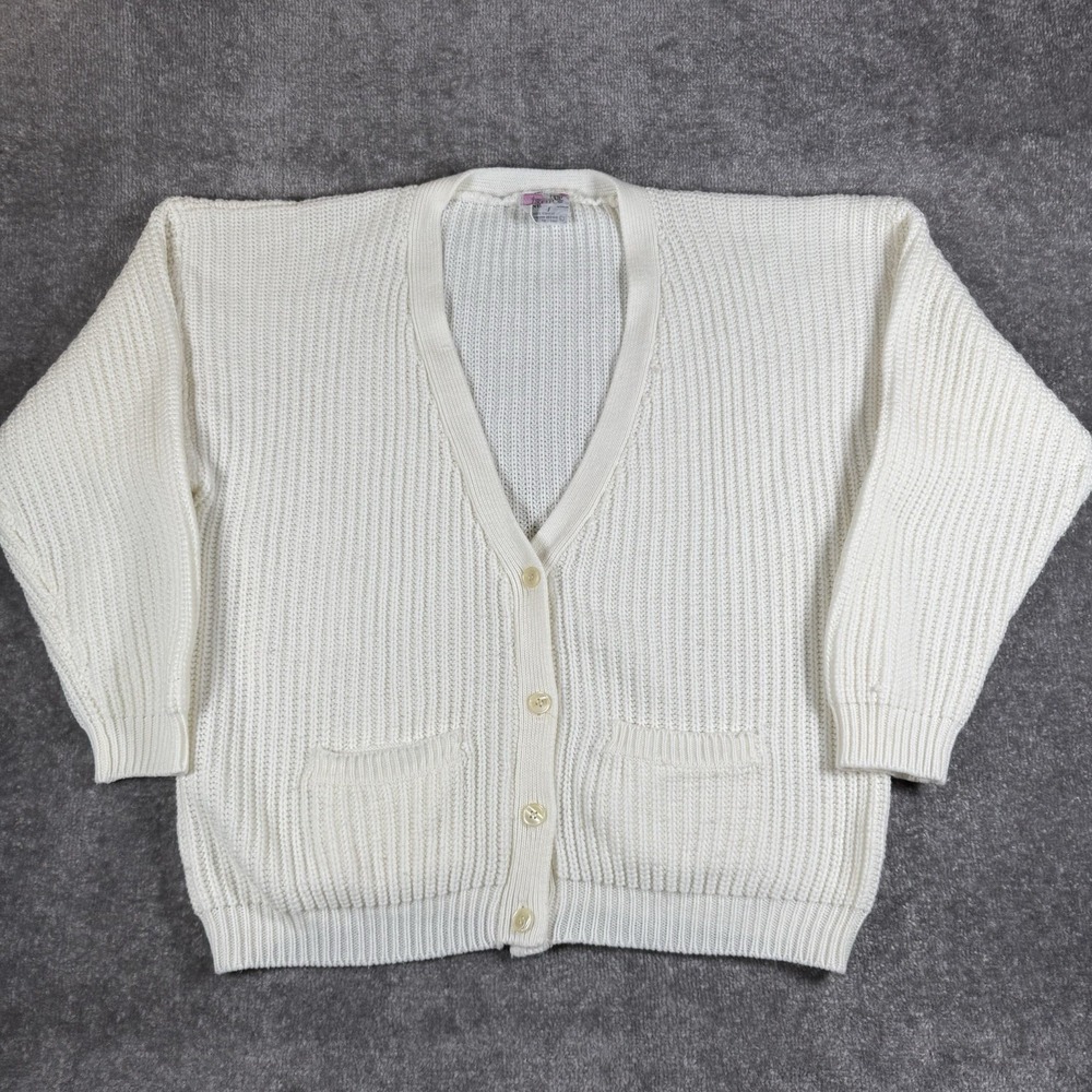 Vintage 80s One Step Up Cardigan Women's Large White Ribbed Academia Cottagecore